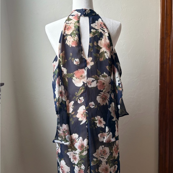 Maurices Floral Cold Shoulder Halter Dress Navy/Pink Tie Sleeve Size M - Picture 9 of 13